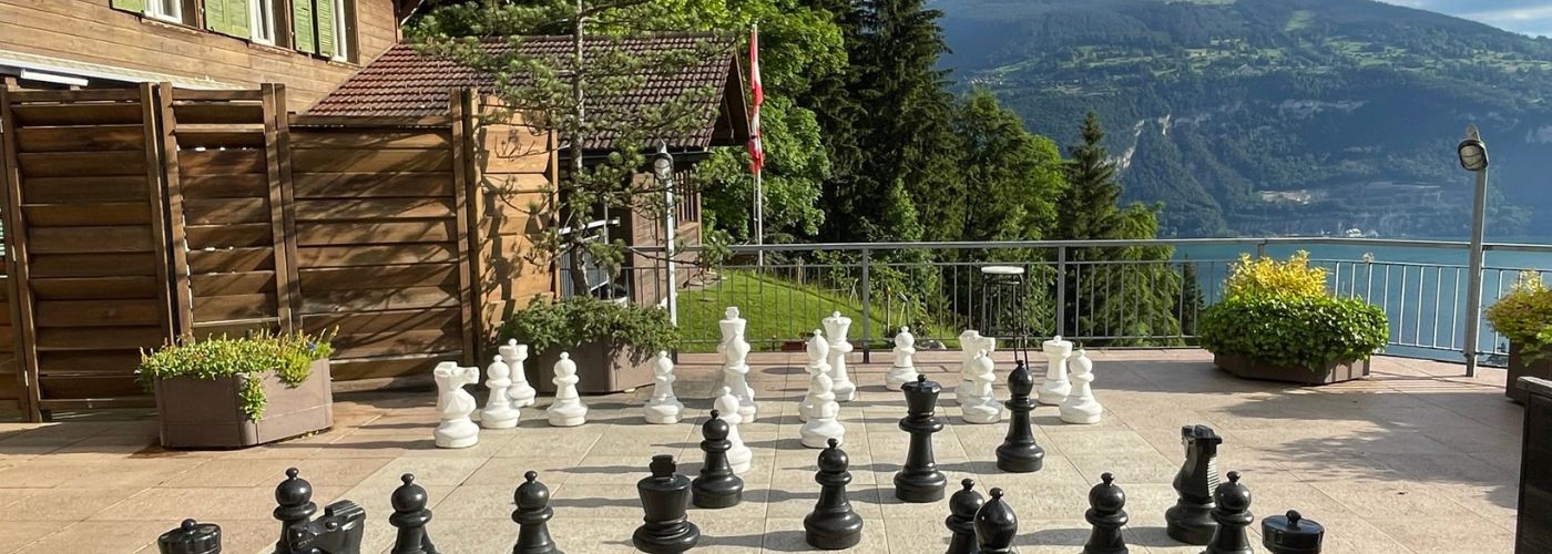 giant chess set at swiss hotel in the alps