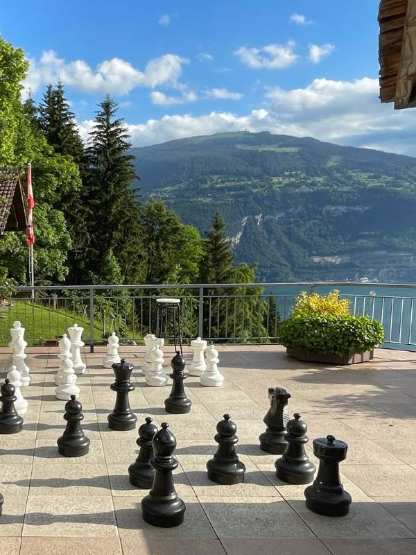 giant chess set at swiss hotel in the alps